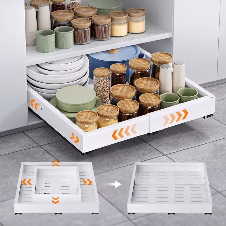 Ripiano estraibile per cucina - Cesto estensibile - Acciaio inossidabile - Larghezza regolabile - Impilabile - Adatto per mobiletti sotto lavello o bagno - 1 pezzo
