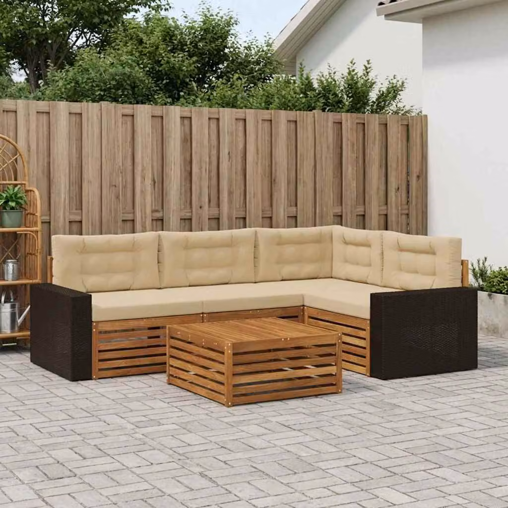 vidaXL Set di divani da esterno 5 pezzi a forma di L con tavolino, in legno di acacia e tessuto beige resistente ai raggi UV