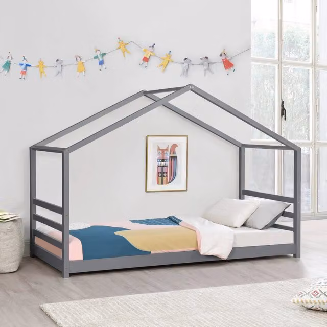 Letto a casetta Vardø per cameretta in legno di pino grigio scuro en.casa L/P: 200 x 90 cm, H: 142 cm – 1