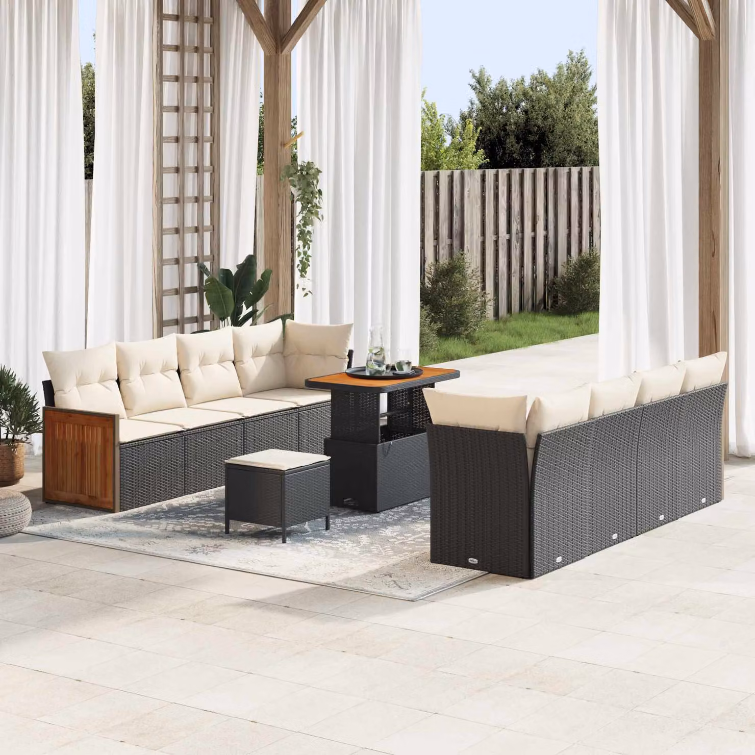 vidaXL Set Divano da Giardino a L composto da 11 pezzi con Cuscini Nero e Beige – 1