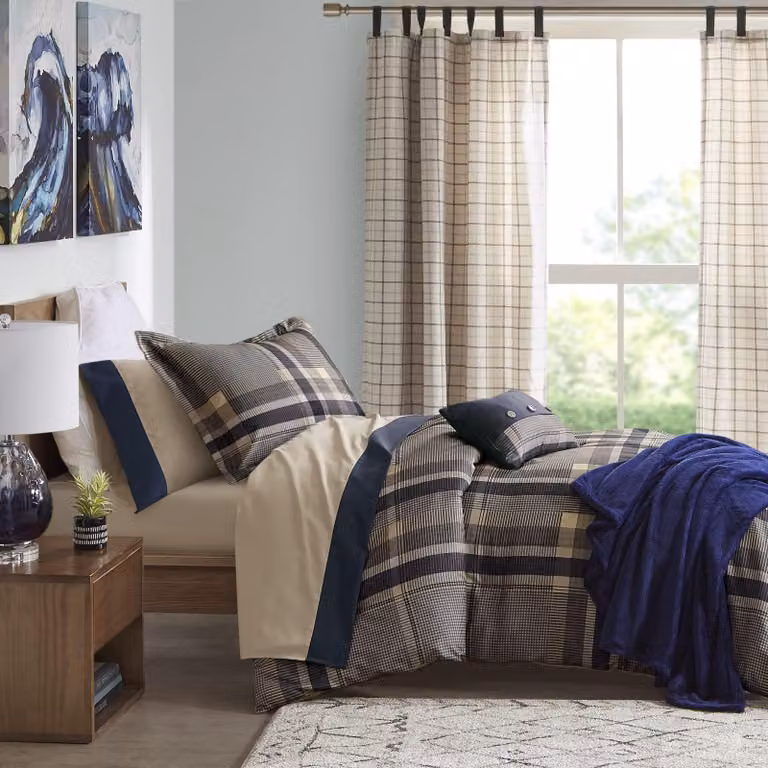 Set di lenzuola per letto a due piazze extra-large, in poliestere, colore blu navy/beige, composto da 7 pezzi