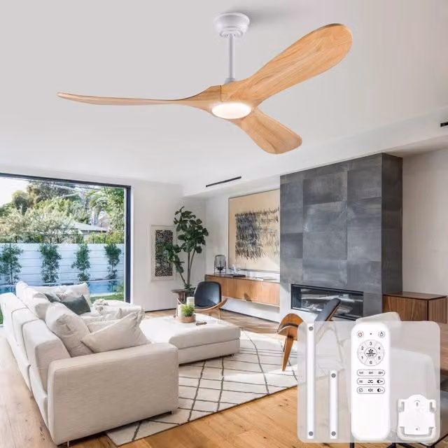 Ventilatore da soffitto moderno con luce LED dimmerabile, telecomando e 3 pale in legno, colore bianco