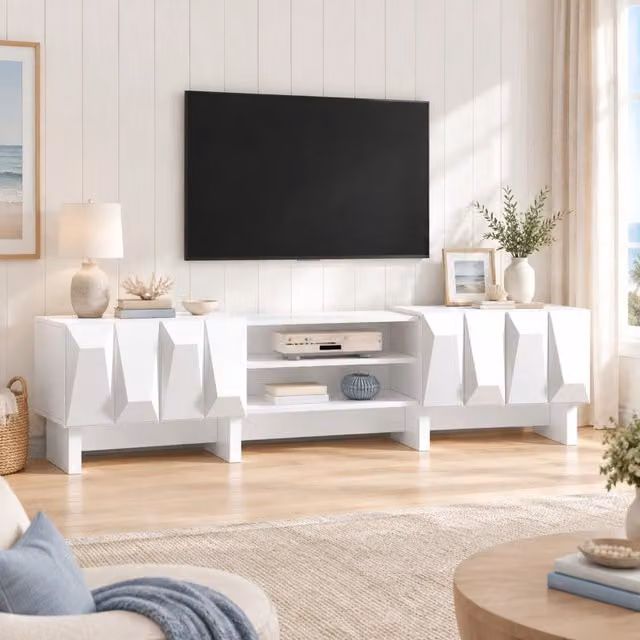 Mobile porta TV con 4 ante 2 vani aperti e passacavi rialzato per soggiorno in truciolato bianco 180 × 34 × 44,5 cm