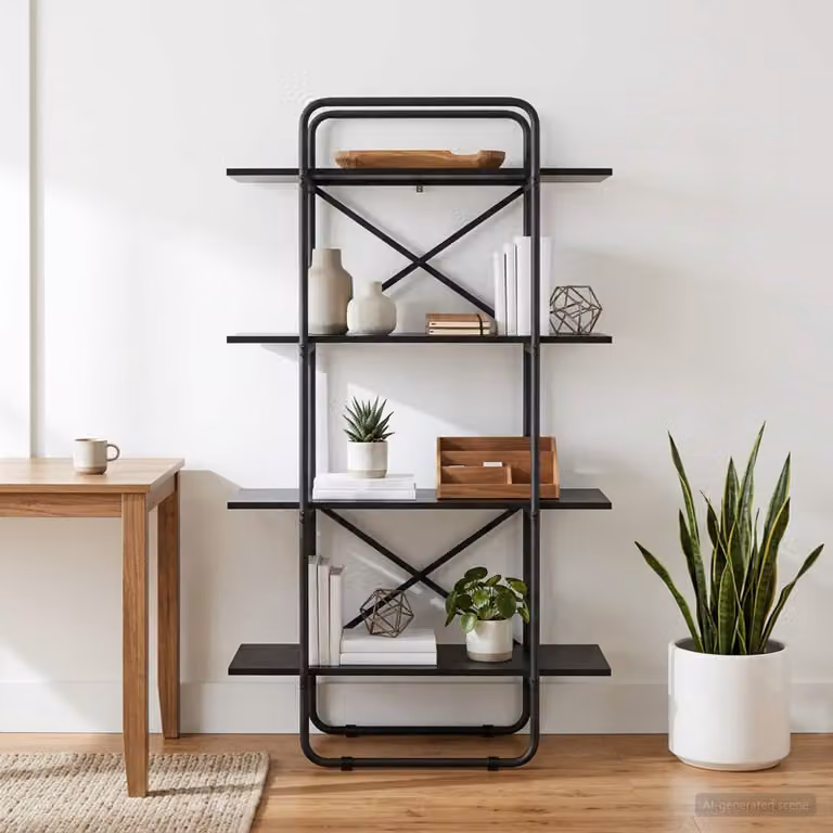 Libreria industriale vidaXL a 4 livelli in metallo e MDF, colore nero e marrone, L 60 cm x P 35 cm x H 140 cm