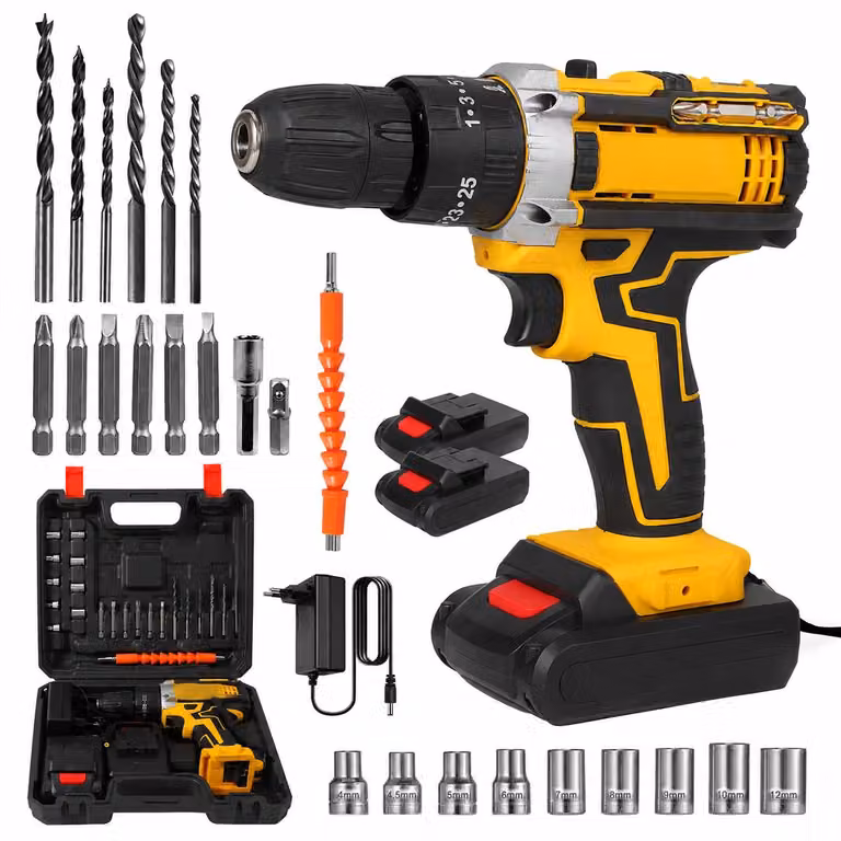 Set di trapano avvitatore a batteria - 18 V - 23 pezzi - Coppia di serraggio di 45 Nm - 2 velocità con controllo variabile della velocità - Luce di lavoro a LED - 2 batterie