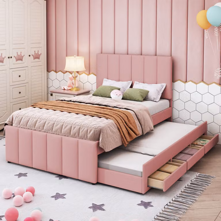 Letto imbottito Flieks con sottoletto, letto singolo per ragazzi con rete a doghe e cassetti, letto per bambini in legno letto per ospiti letto da giorno 90x200/90x190cm, lino