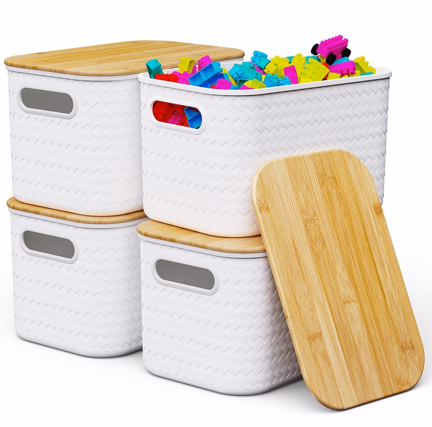 Solidchoice - Set di 4 contenitori in plastica con coperchio in bambù