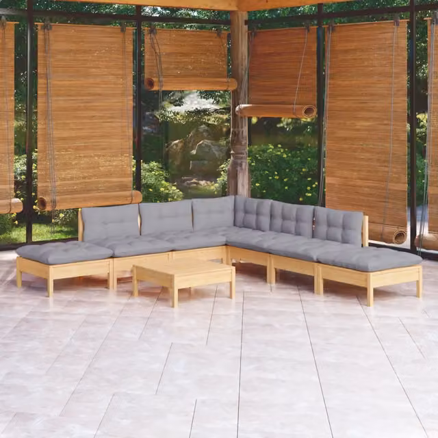 Set Divani da Giardino 8 pz con Cuscini Grigi Massello di Pino 3096327