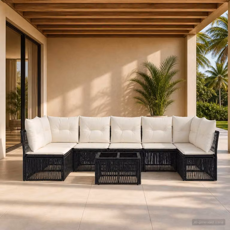 Set Divano da Giardino vidaXL 8 Pezzi Moderno a Forma di L con Tavolino e Cuscini, Colore Nero e Bianco