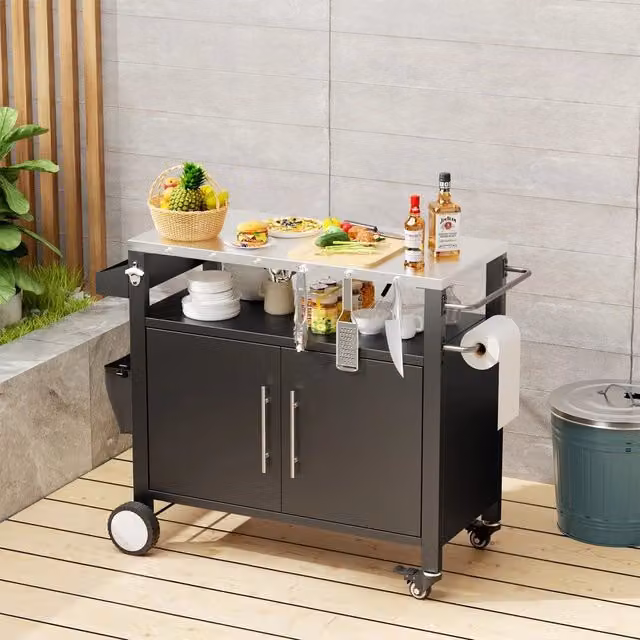 Carrello da Barbecue per Esterno con Ripiani e Ganci ¨C Xylo ¨C Nero