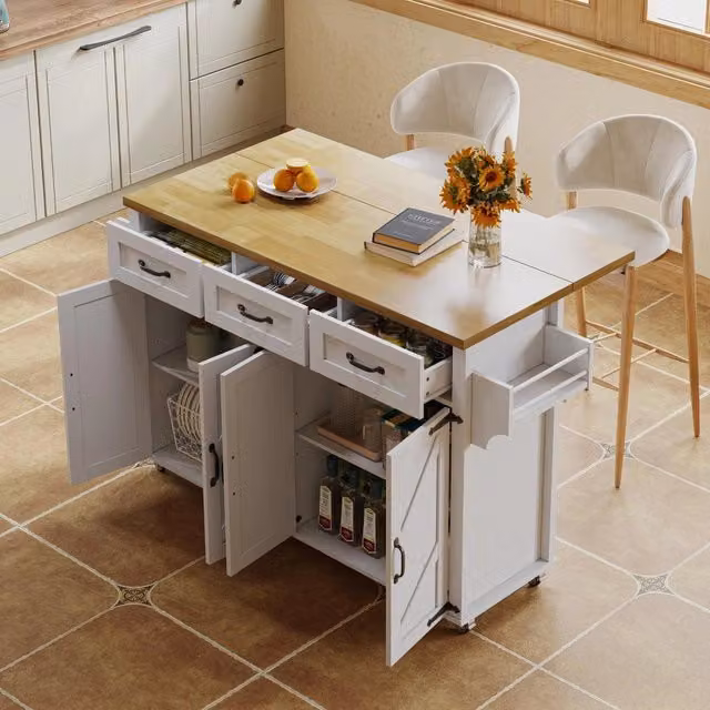 Isola da cucina REDOM con piano ribaltabile in MDF, Bianco e Naturale, L: 140 cm, P: 43 cm, H: 90,5 cm