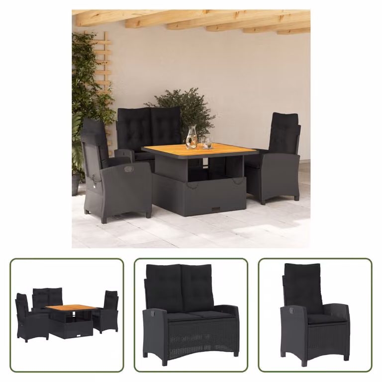 The Living Store Set da pranzo da giardino 4 pezzi con cuscini in poly rattan nero