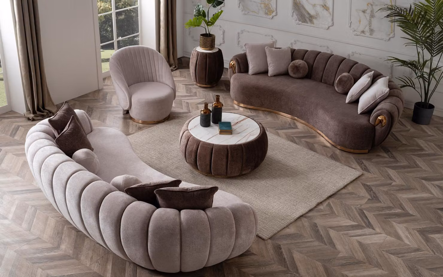 Sofagarnitur 3+3+1 Sitzer Set Komplett Textil Couch Holz Modern Wohnzimmer