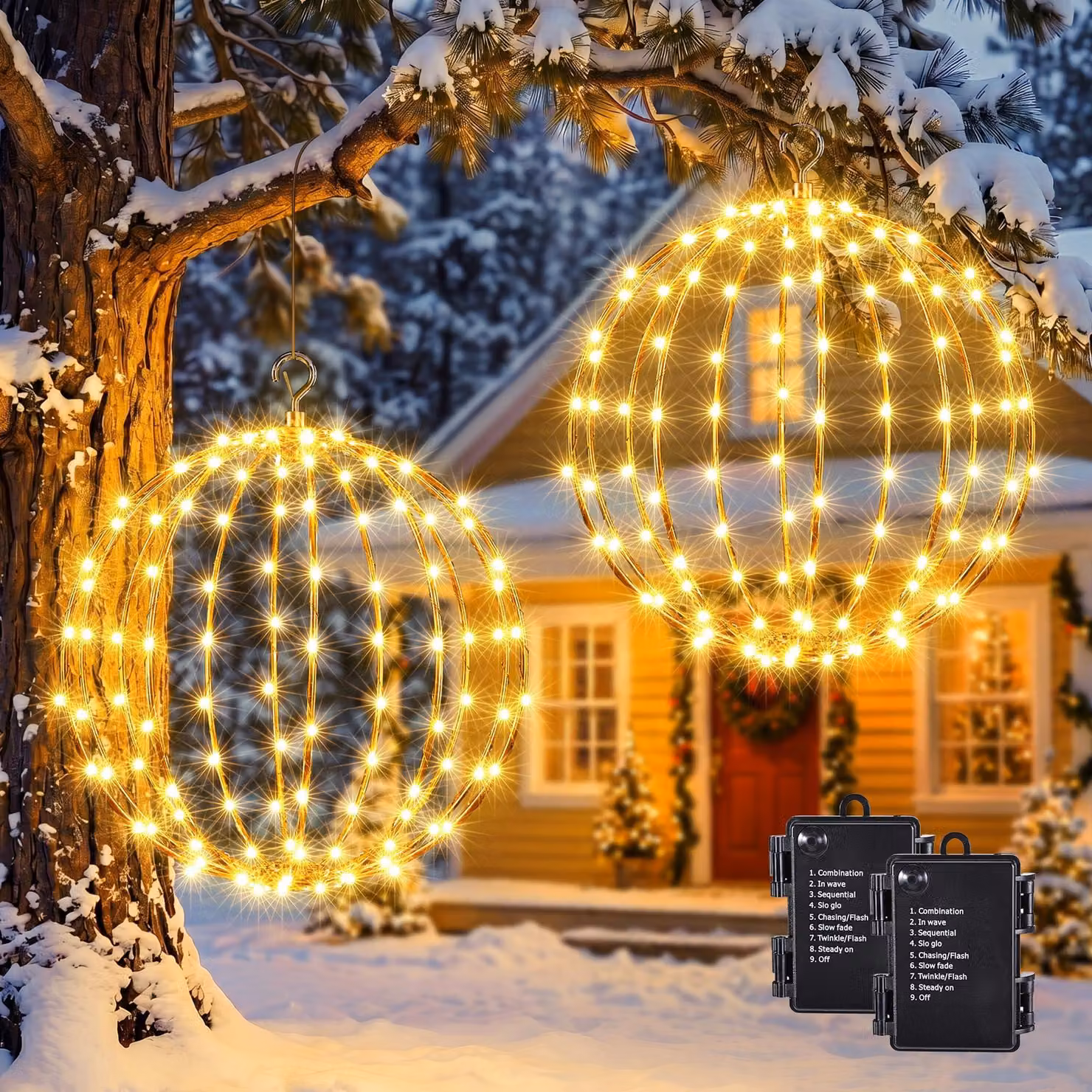 Palle di Natale a LED, diametro 30 cm, confezione da 2, luce bianco caldo, 120 LED, pieghevoli, con timer