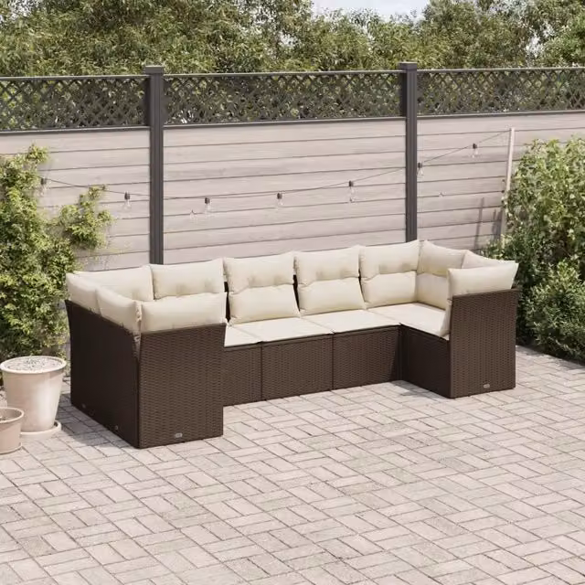 Set di divani da giardino VIDAXL in polyrattan marrone con cuscini, design moderno a L per 7 persone – 1