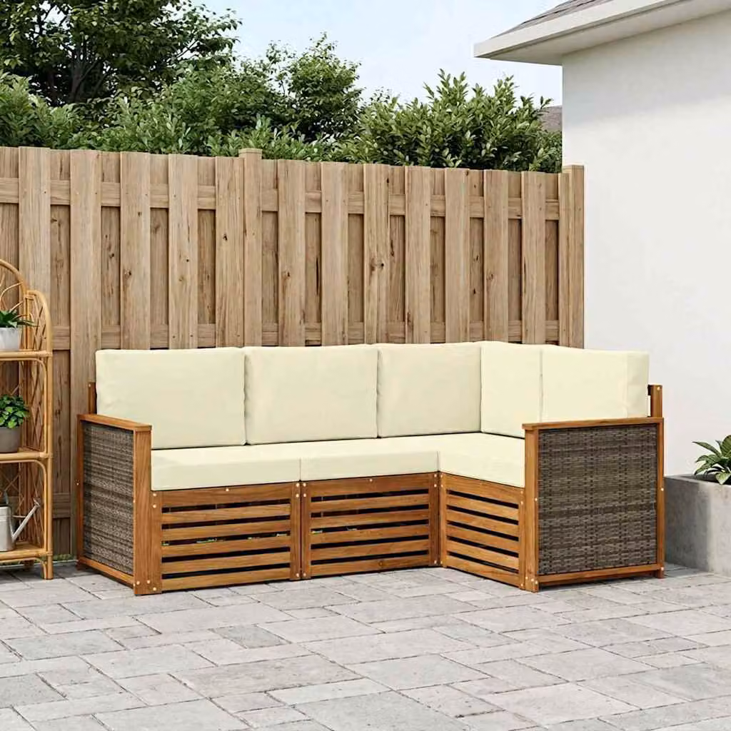 Set di divani da esterno vidaXL a forma di L composto da 4 pezzi in legno di acacia con cuscini beige e marroni in poliestere resistente ai raggi UV