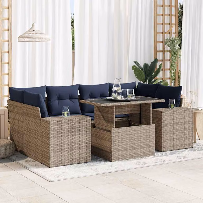 Set Divani da Giardino vidaXL 7 Pezzi in Polyrattan con Cuscini Grigio e Blu con Tavolino da Caffè e Struttura in Metallo