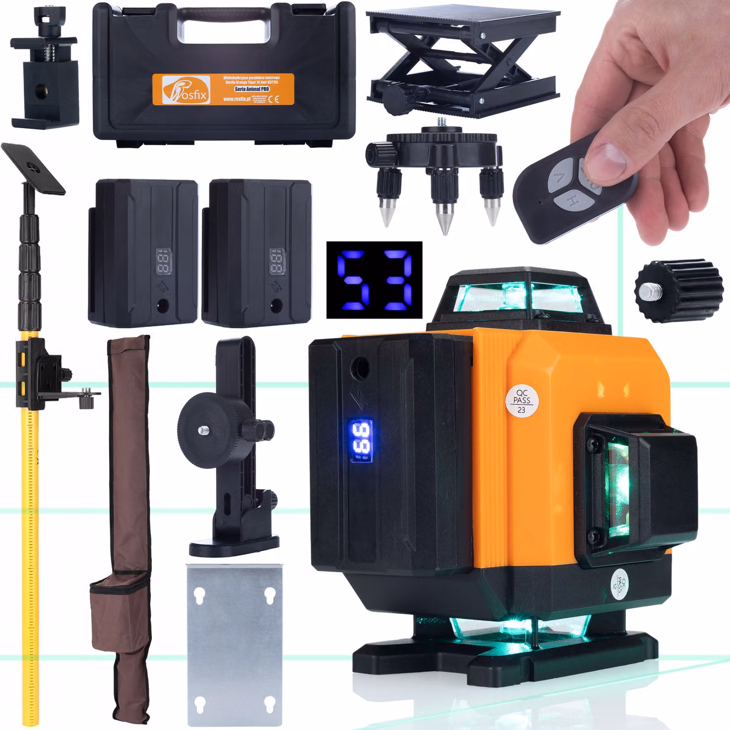 Rosfix Set Orange Tiger ROT16L – Livella Laser a 16 Linee con Treppiede 285 cm, Laser Verde 360°, IP54, 2 Batterie da 3500 mAh, Supporto a Parete