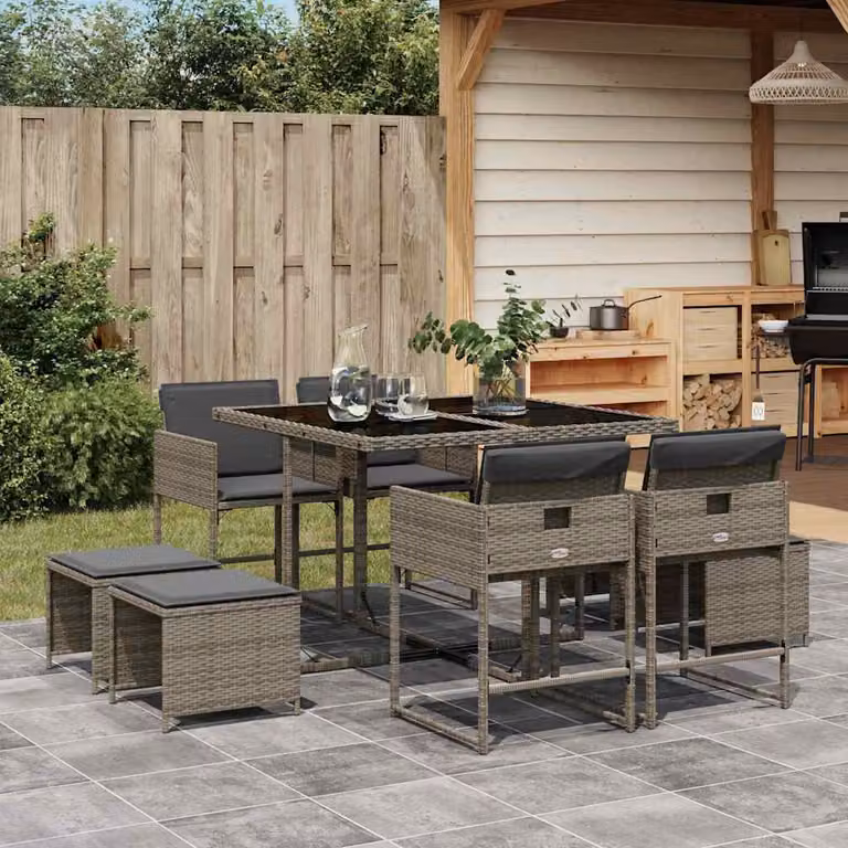 vidaXL Set da Pranzo da Giardino 9 pz in Polyrattan con Piano in Vetro Grigio e Nero