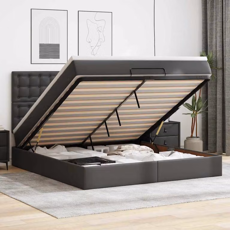 Letto con contenitore e materasso vidaXL in similpelle nero, dotato di base a sollevamento, illuminazione sottostante e porte di ricarica USB, L/P/H: 180 x 200 x 128 cm