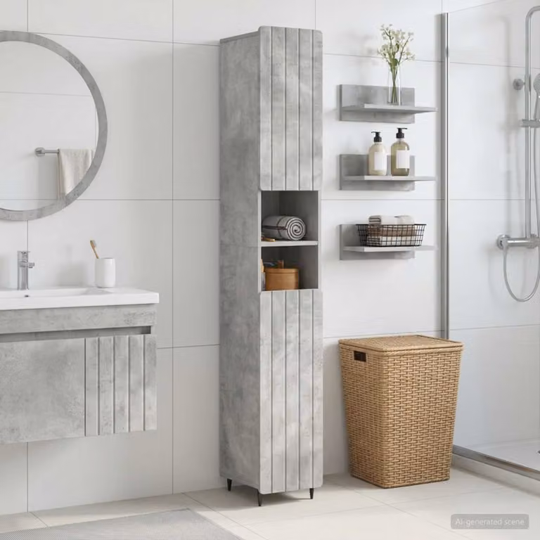 Armadio da bagno moderno vidaXL ZWOLLE con ripiano aperto e ante a battente, Grigio Cemento, L: 60 cm, P: 30 cm, H: 189,5 cm