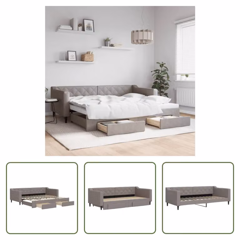The Living Store Letto allungabile con cassetti Taupe 90x200 cm tessuto