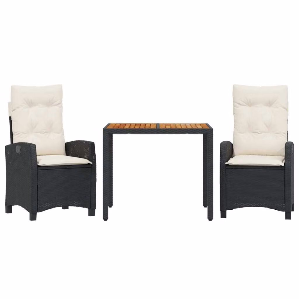 Set da Pranzo da Giardino 3 pz con Cuscini Nero in Polyrattan