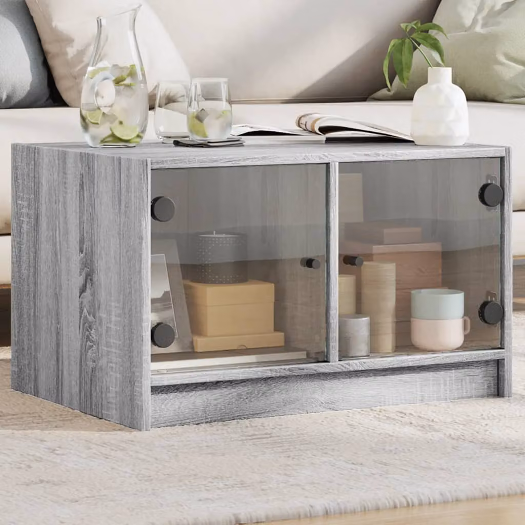vidaXL Tavolino da Salotto Moderno con Ante in Vetro Grigio L: 68 cm, P: 50 cm, H: 42 cm