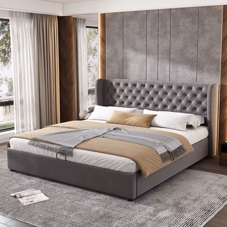 Letto imbottito STILVORA 160 x 200 cm con cuciture a bottoni, letto matrimoniale, letto funzionale idraulico con contenitore, velluto, grigio (senza materasso)