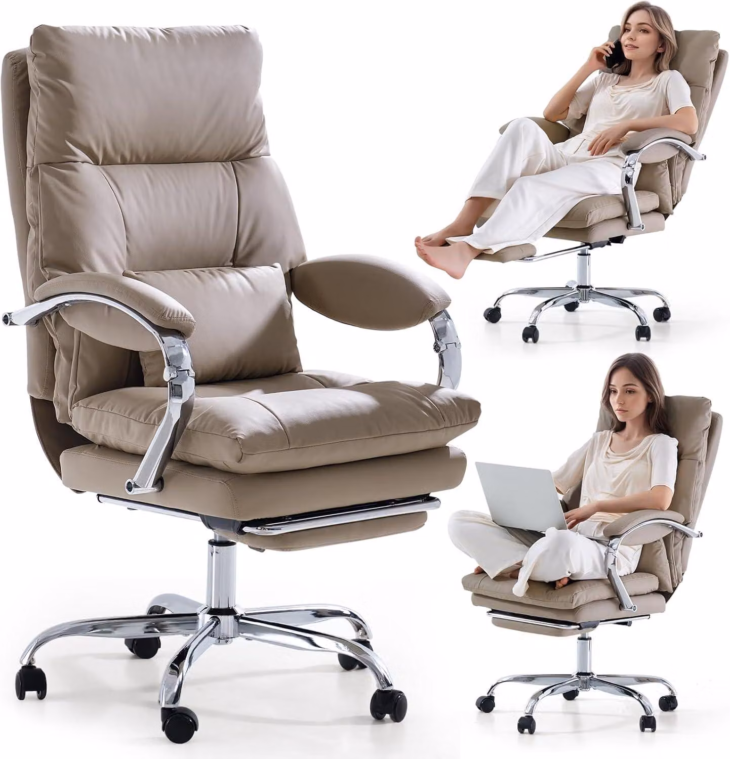 Sedia da ufficio confortevole con poggiapiedi, funzione di appoggio per le gambe incrociate, braccioli e rotelle, realizzata in ecopelle ergonomica