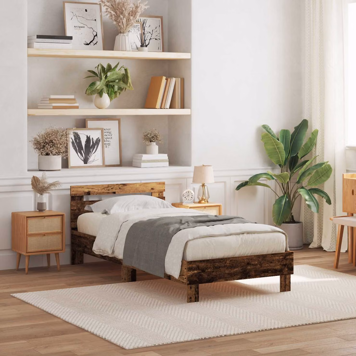 Struttura letto moderna vidaXL in legno marrone con illuminazione sottostante e porta USB, L 200 x P 90 x H 95,2 cm