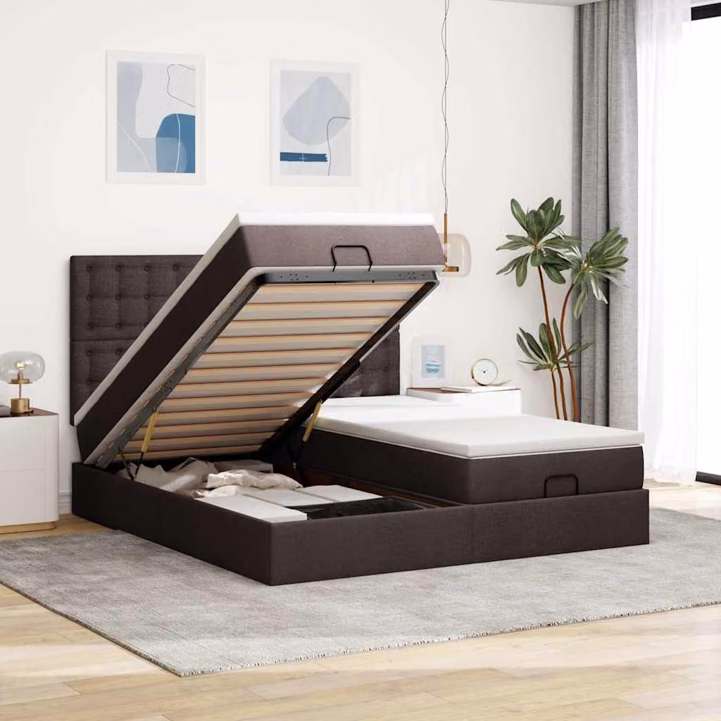 Letto con contenitore a sollevamento vidaXL in tessuto con materasso, L/P/H: 203 x 200 x 128 cm, disponibile in marrone, bianco o grigio