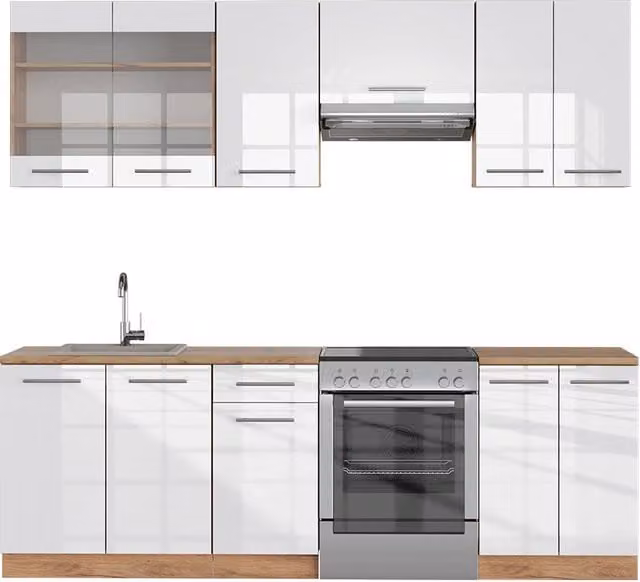 Cucina componibile moderna Fame-Line Vicco Bianco lucido e Rovere dorato L: 240 cm – 1