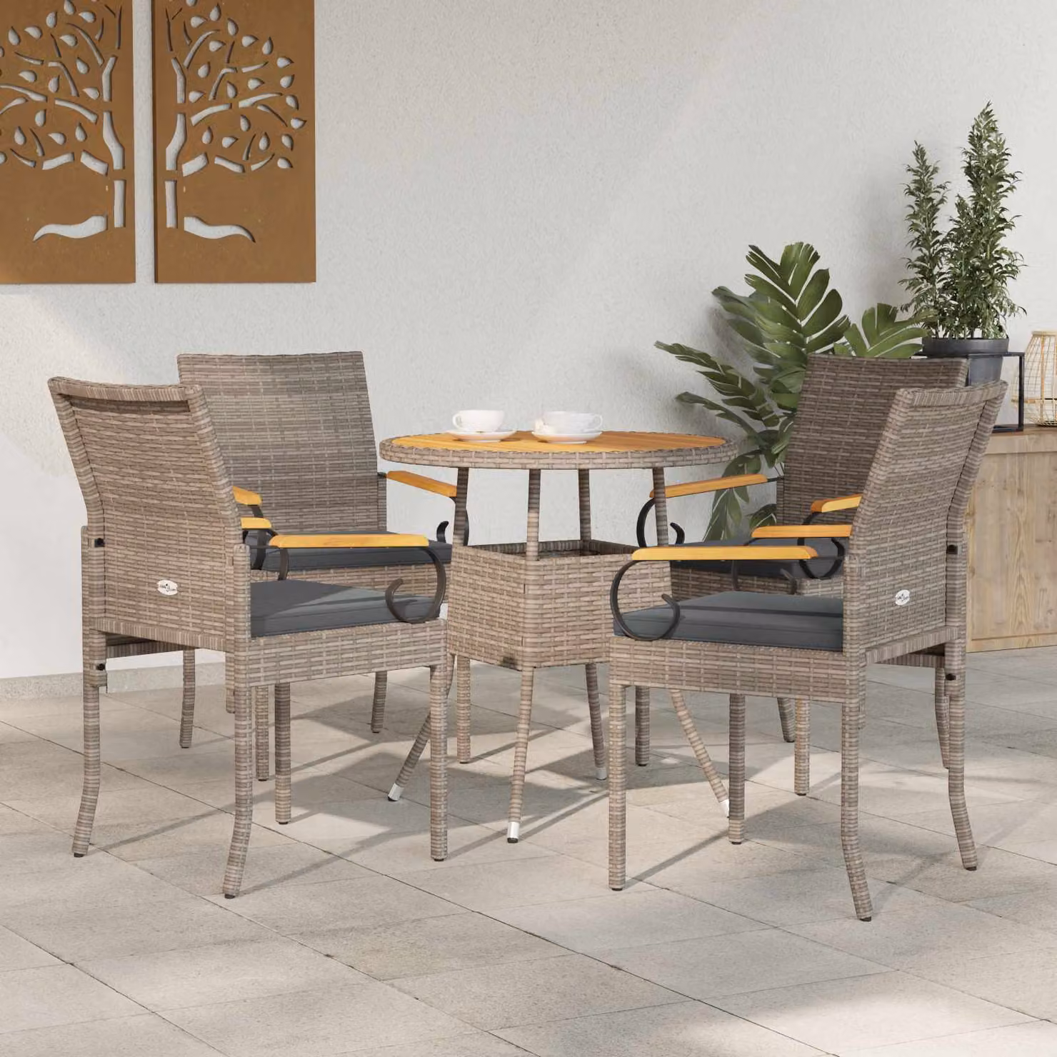 Set di 4 sedie da giardino vidaXL in legno di acacia oliato e polyrattan con cuscini inclusi, colore grigio, resistenti ai raggi UV e alle intemperie