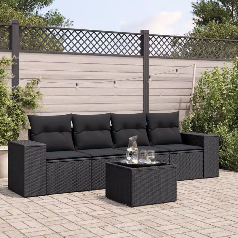 Set di Divani da Giardino vidaXL 5 Pezzi in Polyrattan Nero con Cuscini e Tavolino da Caffè