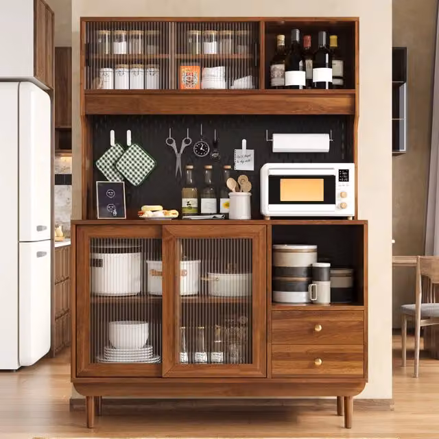 Credenza Mivray marrone con 4 ante scorrevoli in vetro rigato, cassetti e pannello forato, L: 117 cm, P: 30 cm, H: 170 cm