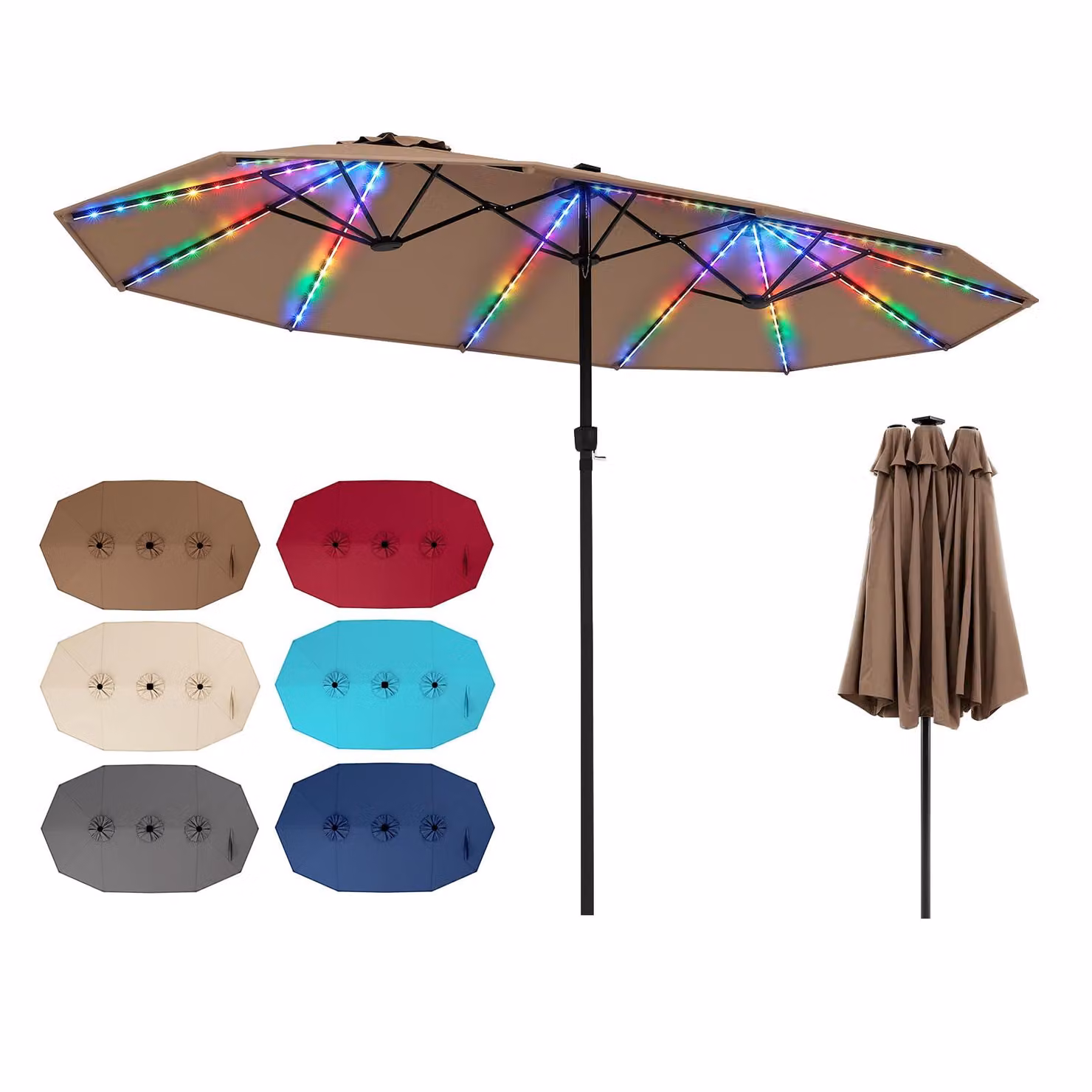 COSTWAY, ombrellone doppio, 440x260 cm, ombrellone da terrazza con manovella, illuminazione solare a LED, 12 modalità di illuminazione e 2 opzioni di ricarica, ombrellone da giardino, tipo "market umbrella", color kaki
