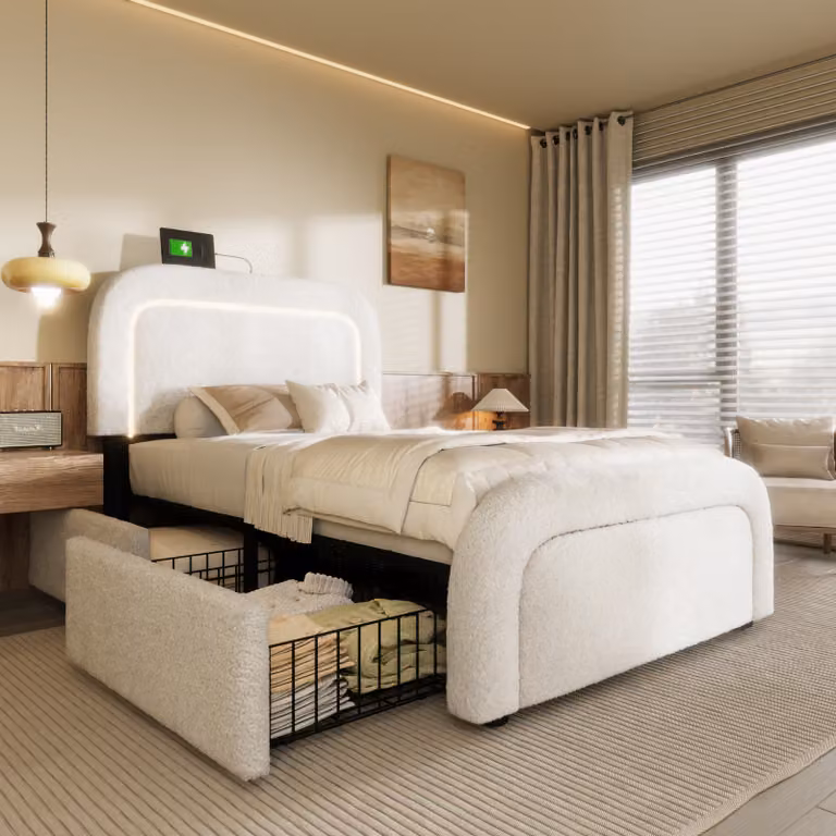 Letto imbottito Flieks 90x200cm con 2 cassetti, letto singolo letto per ragazzi con rete a doghe, letto in legno letto contenitore letto classico, lana di pecora, bianco