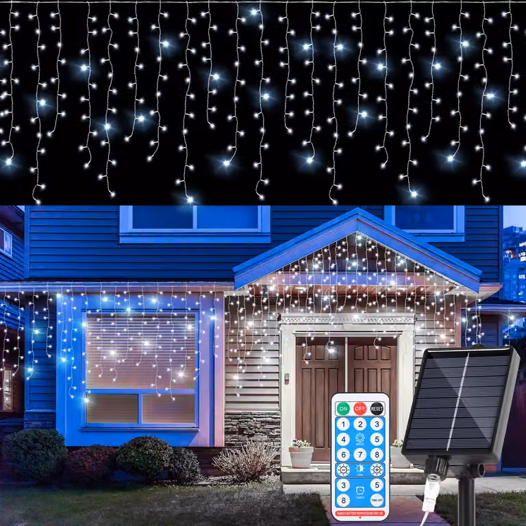 Catena luminosa solare LED Ikodm 10 metri, effetto "pioggia di ghiaccio" con 400 LED, decorazione per interni ed esterni, luce bianca fredda, con telecomando