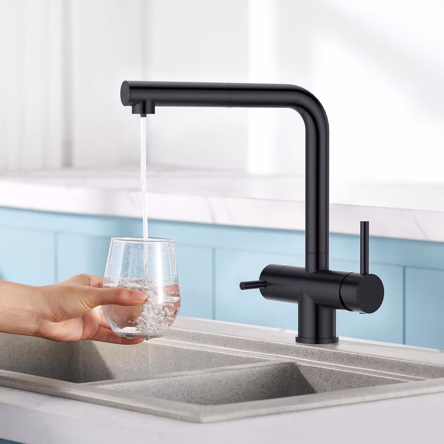 Rubinetto da cucina a tre vie, estensibile, in acciaio inossidabile, colore nero