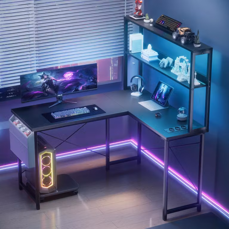 AIORBER Scrivania da gioco a L 148 cm con illuminazione a LED Porte USB Scrivania per computer ad angolo Scrivania per ufficio con ripiano e portaoggetti Nero