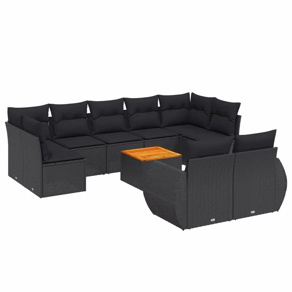 vidaXL Set Divani da Giardino a Forma di U in Polyrattan Nero con Cuscini e Tavolino da Caffè – 2