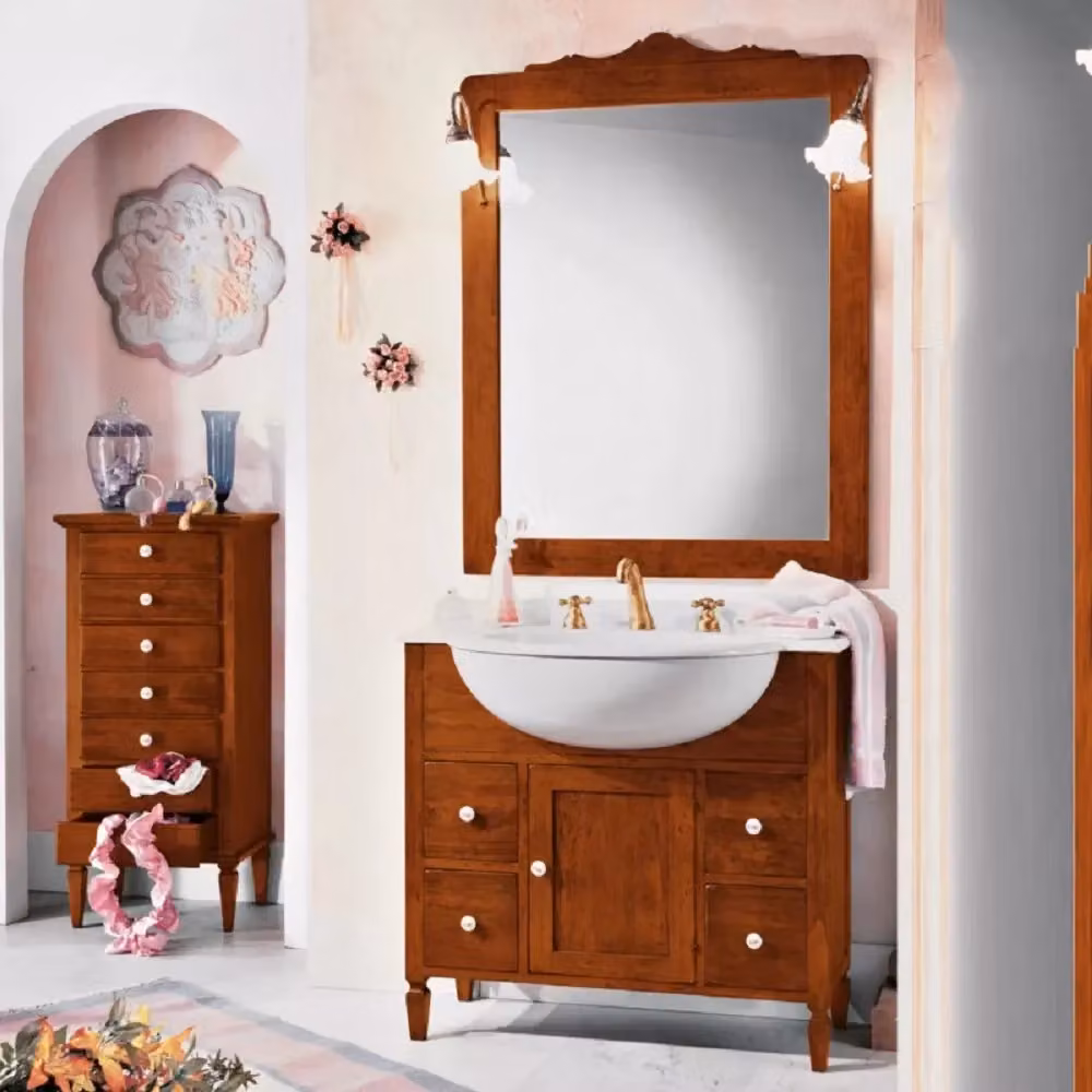 Mobile bagno Mobili 2G in legno noce con lavabo, 4 cassetti, 1 porta e specchio, larghezza: 90 cm – 2