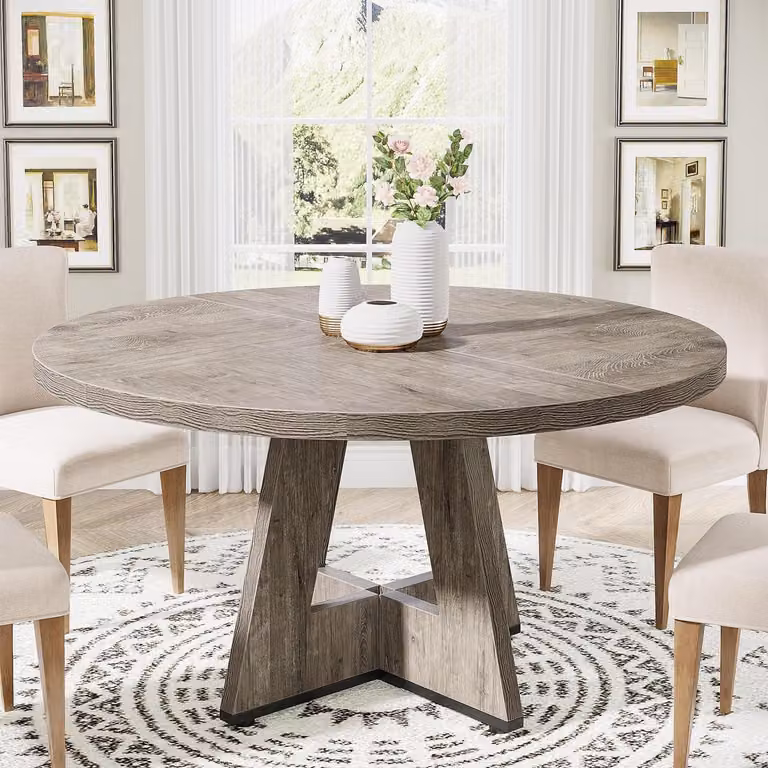 Tavolo rotondo da pranzo in legno, diametro 119,4 cm, stile rustico, colore grigio, mobili in stile country