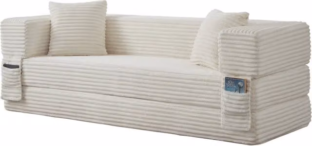Divano convertibile a 2 posti - con funzione letto - in velluto a coste e schiuma - bianco