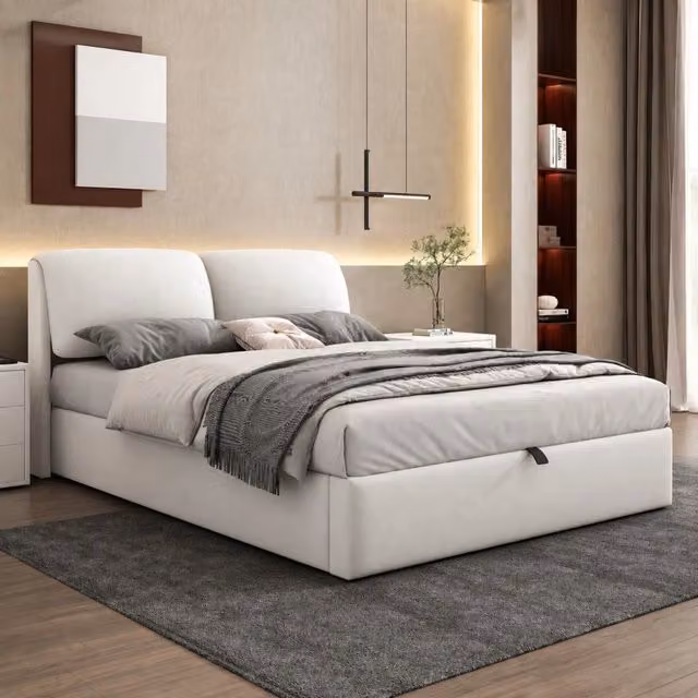 Letto imbottito 140x200 cm con contenitore idraulico, 3 cassetti, rete a doghe con testiera in velluto beige, senza materasso