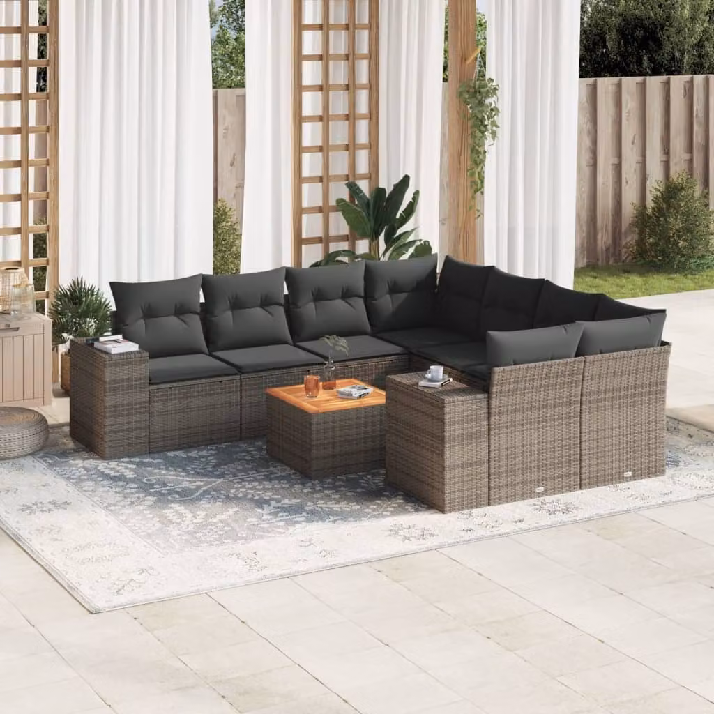 vidaXL Set Divano da Giardino a L 9 pz in Polyrattan Grigio con Cuscini e Tavolino – 1