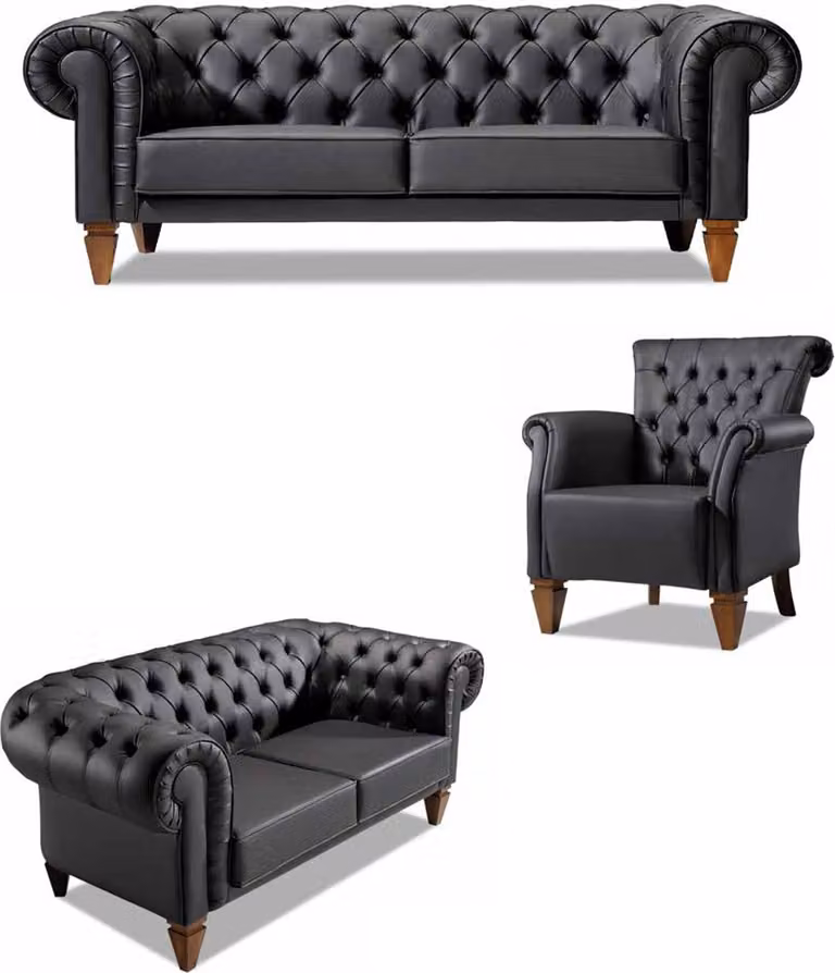 Luxuriöse Chesterfield Schwarze Sofagarnitur 2x Dreisitzer Leder Sessel