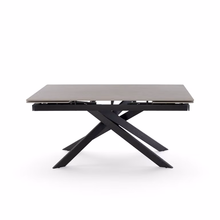 Tavolo allungabile BEVERLY HILLS con piano in ceramica effetto pietra grigio e gambe incrociate in metallo verniciato nero, 160x90x76 cm – 240x90x76 cm
