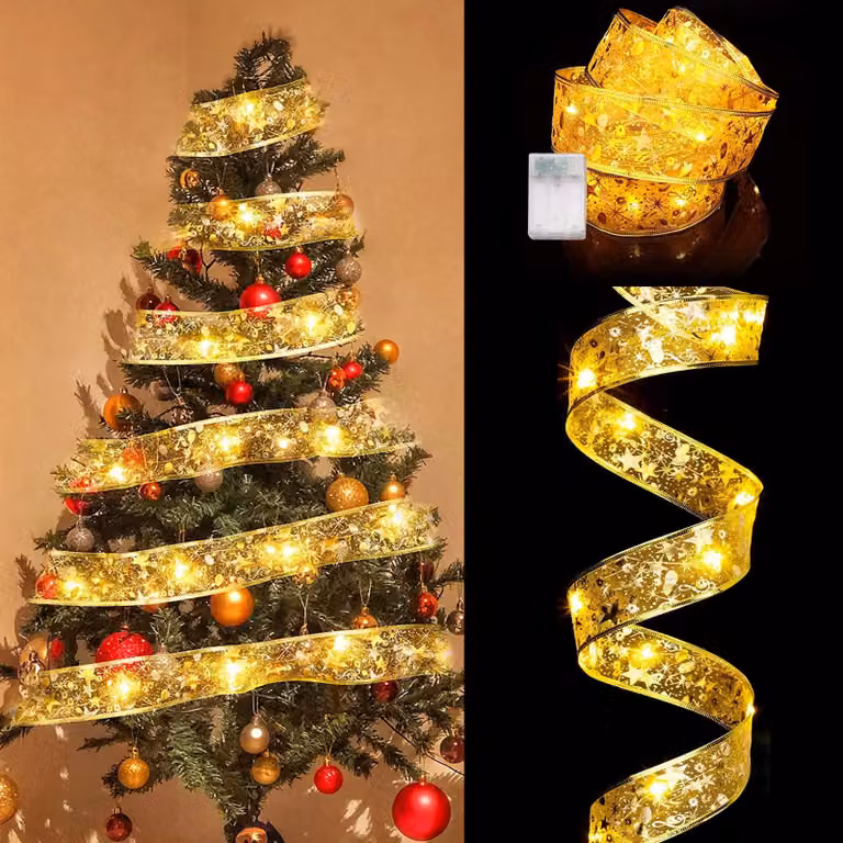 Striscia luminosa da 5 metri, con 50 LED, color oro, alimentata a batteria, decorazione natalizia